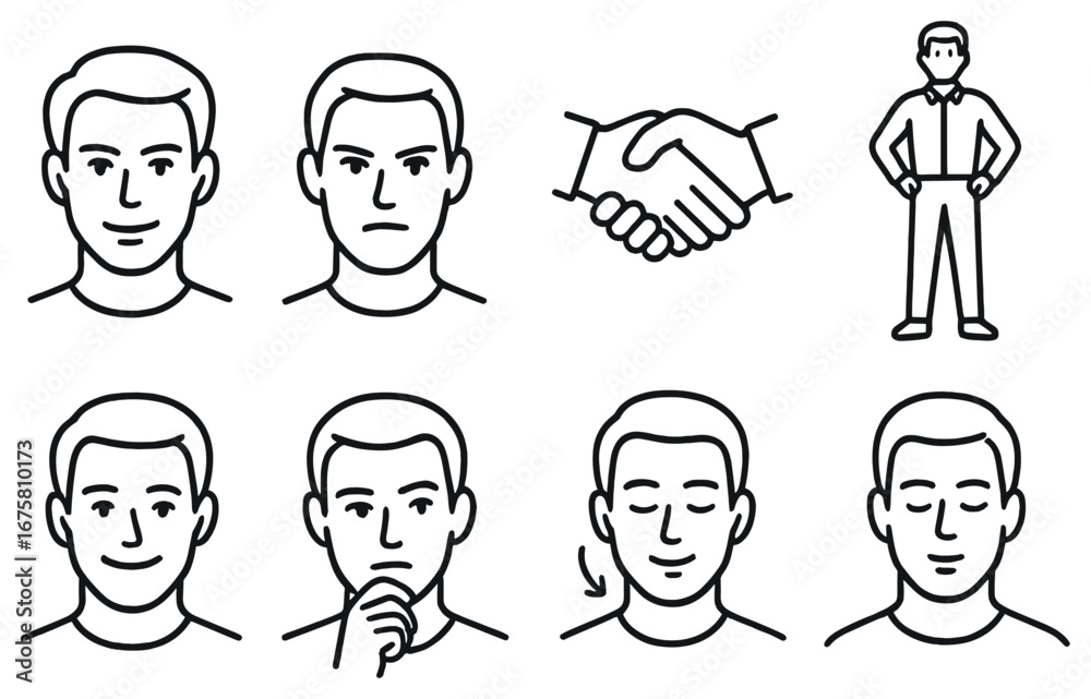Fototapeta premium Facial expressions linear icon set. featuring neutral, angry, handshake, standing, happy, thinking, nodding, meditating icons