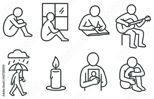 Emotions linear icon set. featuring sadness, reflection, writing, music, rain, candle, photo, and hug