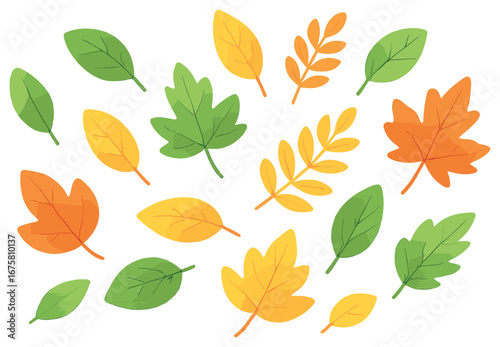 Autumn leaves flat icon set. featuring maple, oak, birch, elm, and foliage symbols