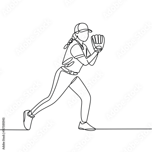 Continuous line drawing of a softball player in action
