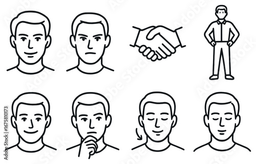 Facial expressions linear icon set. featuring neutral, angry, handshake, standing, happy, thinking, nodding, meditating icons