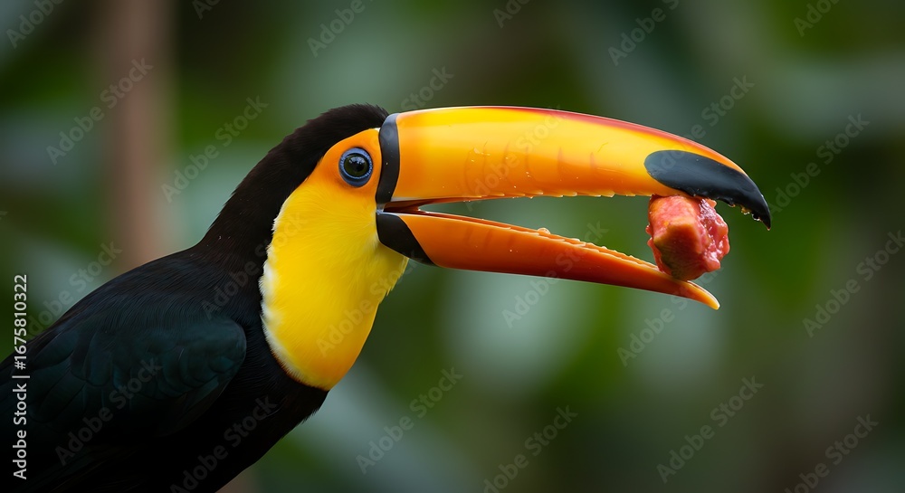 Fototapeta premium Close-up of a toucan with a piece of fruit in its large, vibrant beak, showcasing the bird's striking yellow and orange plumage against a blurred green background.