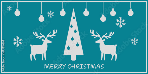 Horizontal Christmas greeting card with blue background, stylized white Christmas tree, reindeer silhouette, snowflakes. Merry Christmas text, festive winter scene Xmas mood