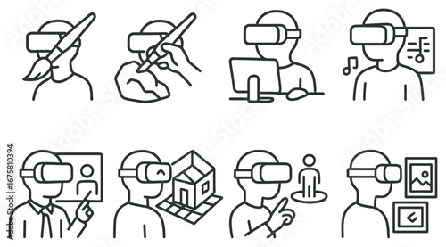 Virtual reality linear icon set. featuring painting, coding, music, presentation, and architecture symbols