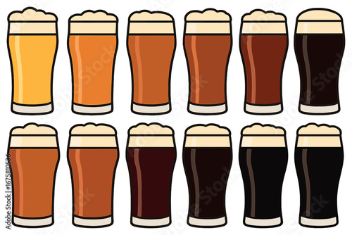Beer types flat icon set. featuring lager, ale, stout, porter, pilsner, amber, dark, and wheat beer symbols
