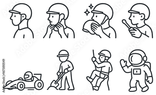 Racing preparation and astronaut linear icon set. featuring helmet, suit, car, space