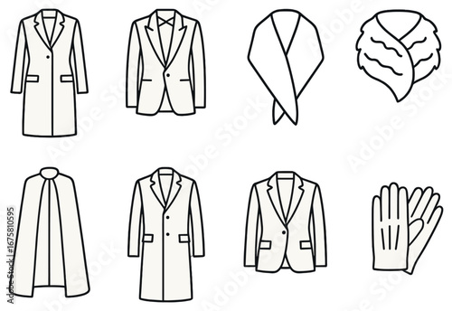 Fashion linear icon set. featuring coat, trench, scarf, shawl, cape, blazer, gloves