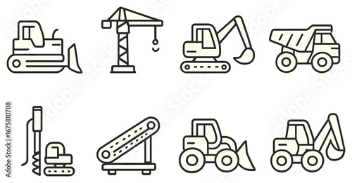 Construction machinery linear icon set. featuring bulldozer, crane, excavator, dump truck, and more