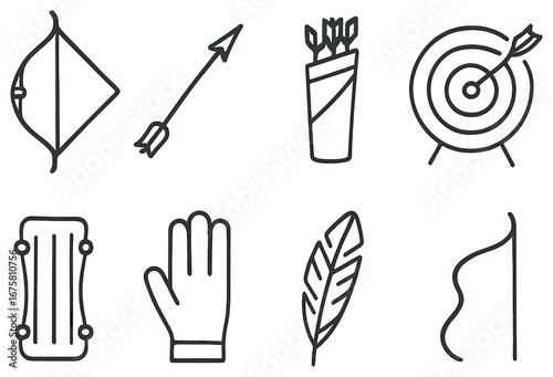 Archery sports linear icon set. featuring bow, arrow, quiver, target, armguard, glove, feather, and flag