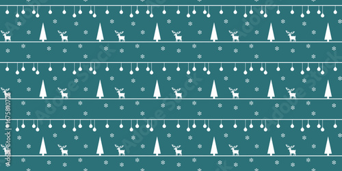 Seamless winter Christmas pattern with white trees, reindeer, snowflakes, striped, hanging festive ornaments Scandinavian flat style for holiday design wrapping paper Isolated green blue background.