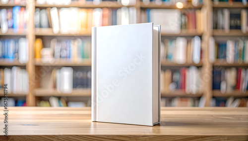 A blank book mockup standing upright on a wooden table with bokeh of a blurred bookshelf background, ideal for cover design presentations and marketing