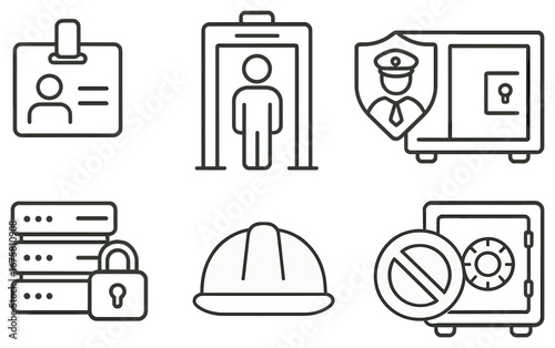 Security and safety linear icon set. featuring id card, scanner, vault, server lock, helmet, and safe