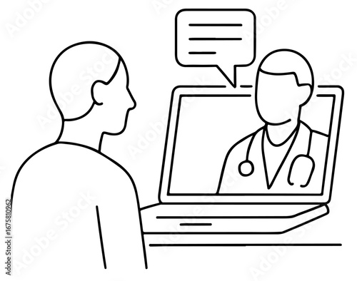 Telemedicine consultation with laptop outline icon, healthcare line art symbol