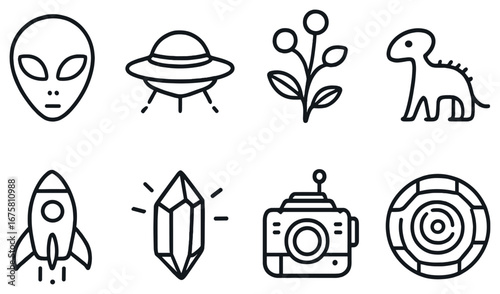 Space exploration linear icon set. featuring alien, ufo, planet, dinosaur, rocket, crystal, camera, and radar