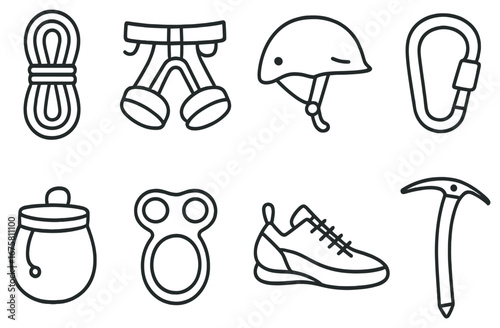 Climbing gear linear icon set. featuring rope, harness, helmet, carabiner, chalk bag, belay, shoe, ice axe