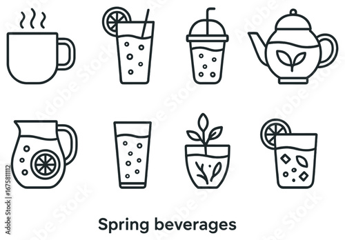 Spring beverages linear icon set. featuring tea, coffee, lemonade, milkshake, teapot, pitcher, soda, cocktail