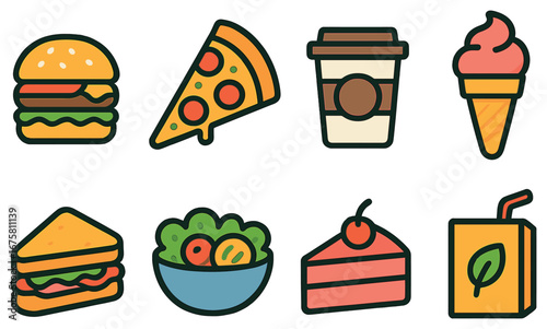 Fast food and dessert flat icon set. featuring burger, pizza, coffee, ice cream, sandwich, salad, cake, juice