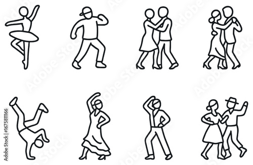 Dance styles linear icon set. featuring ballet, hip hop, salsa, breakdance, flamenco, and swing dancers