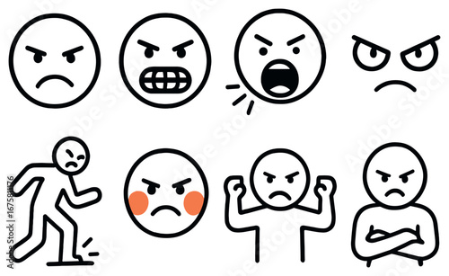 Angry face linear icon set. featuring angry, rage, shouting, glaring, stomping, red-cheeked, fists, and crossed arms