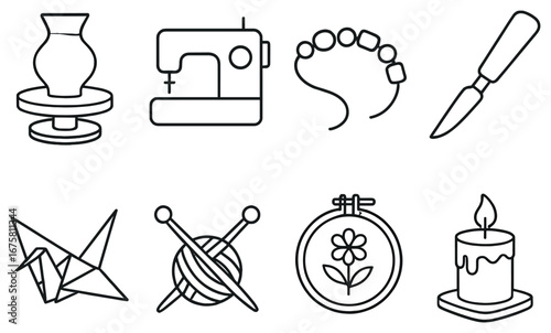 Craft tools linear icon set. featuring pottery, sewing machine, beads, carving knife, origami, knitting, embroidery, candle
