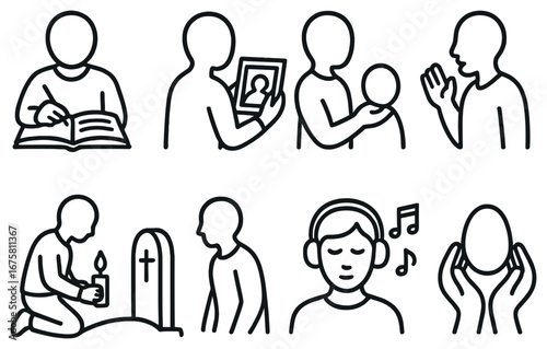 Grief and remembrance linear icon set. featuring writing, picture, support, speaking, mourning, music, and reflection symbols