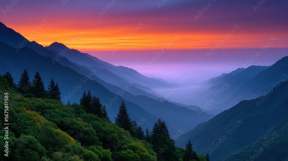 Fototapeta premium Mountain Sunset: A vibrant sunset paints the sky in hues of orange and purple, casting a warm glow over a majestic mountain range.
