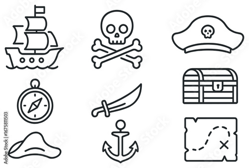 Pirate adventure linear icon set. featuring ship, skull, hat, compass, sword, anchor, chest, and map