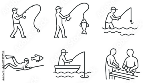 Fishing activities linear icon set. featuring fishing, fish, boat, diving, cleaning, and casting symbols