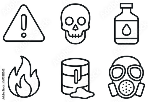 Safety and hazard linear icon set. featuring warning, skull, chemical, fire, spill, and mask symbols