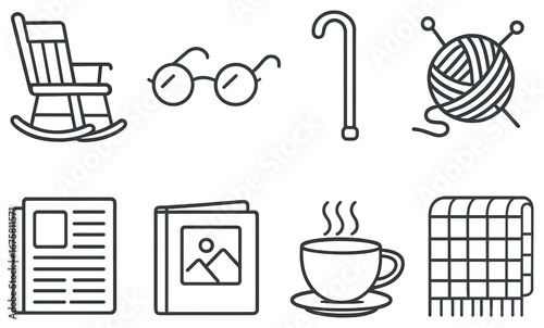 Retirement lifestyle linear icon set. featuring rocking chair, glasses, cane, knitting, newspaper, photo album, tea, and blanket