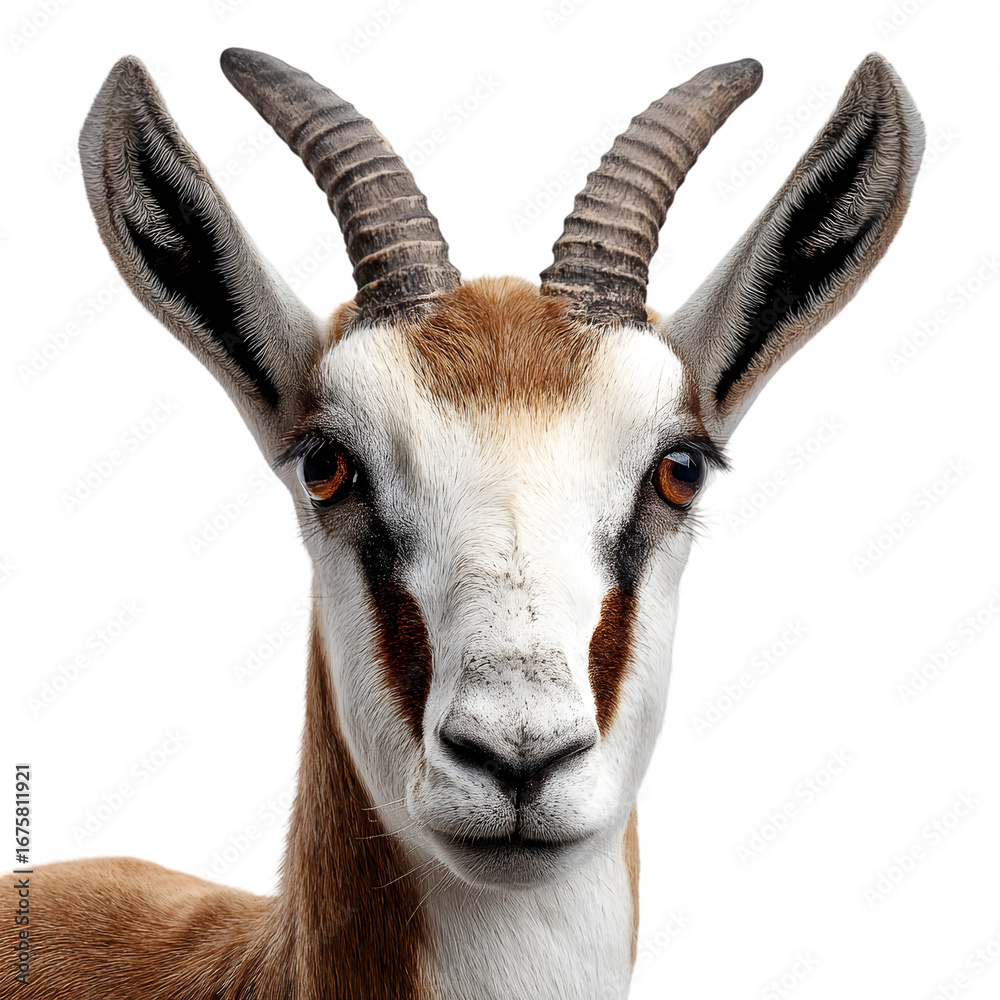 Fototapeta premium Close up portrait of a springbok antelope head and shoulders with distinctive facial markings and curved horns isolated on transparent background