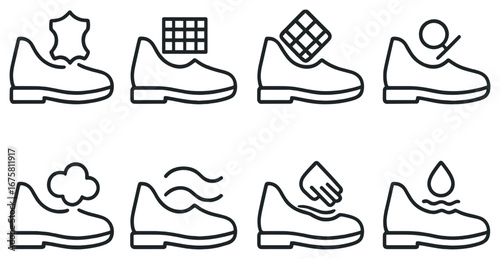 Footwear materials linear icon set. featuring leather, textile, mesh, suede, eco-friendly, breathable, waterproof symbols