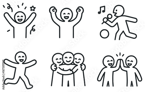 Celebration linear icon set. featuring party, joy, award, music, dance, and friendship symbols