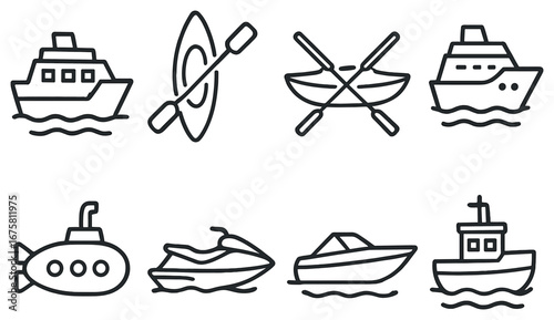 Transport linear icon set. featuring ferry, kayak, sailboat, submarine, jet ski, motorboat, tugboat