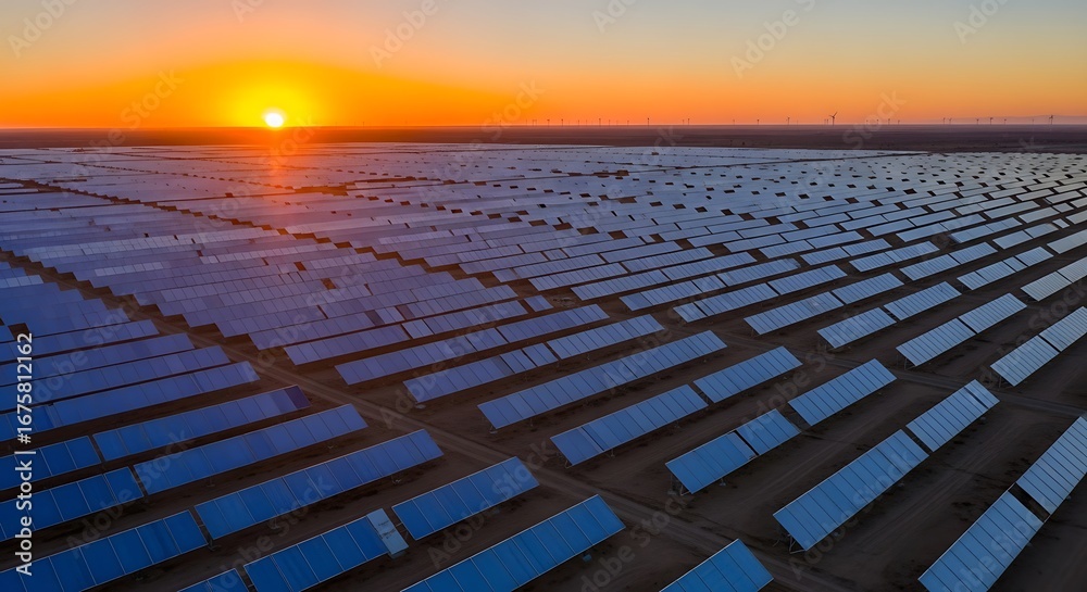 Fototapeta premium Solar farm at sunset, renewable energy field