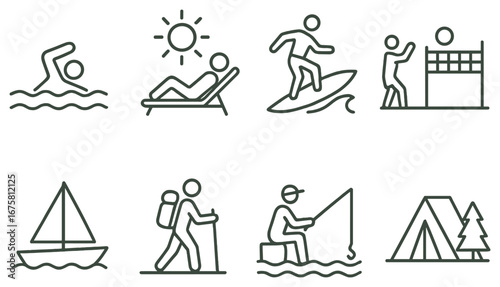 Outdoor activities linear icon set. featuring swimming, sunbathing, surfing, volleyball, sailing, hiking, fishing, camping