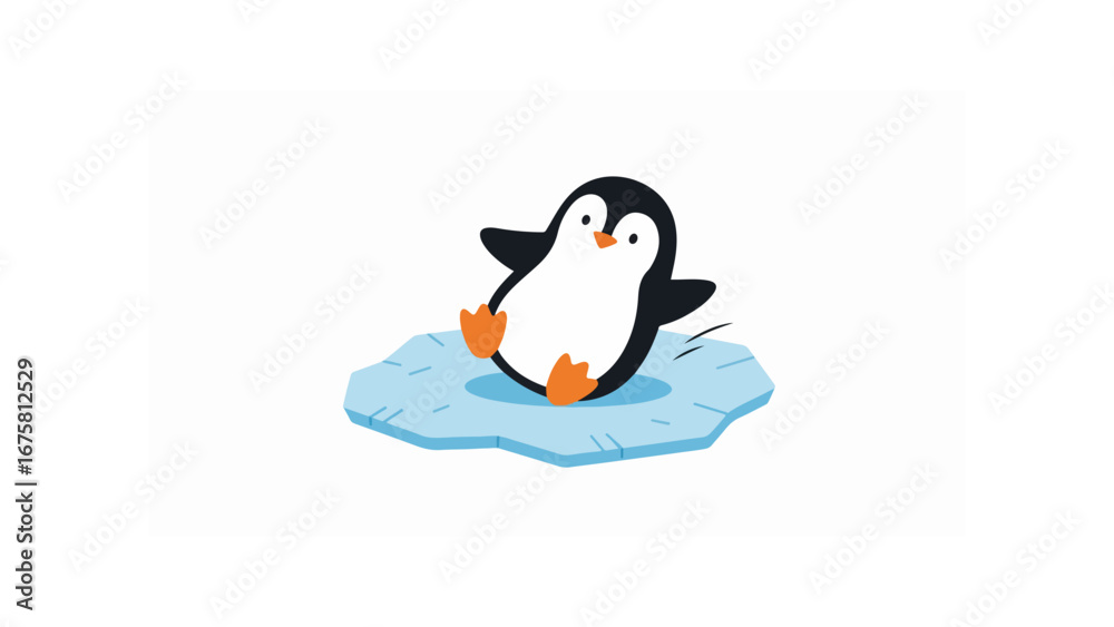 Obraz premium Adorable and happy baby penguin playing on a piece of floating ice. A charming flat design vector graphic for kids