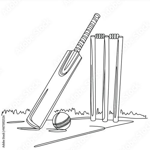 Cricket bat ball and wickets sketch for coloring
