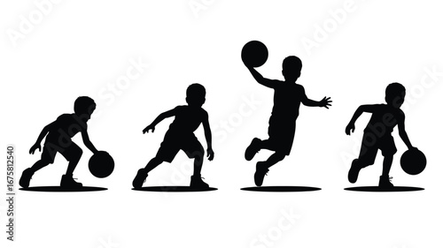 Silhouettes of children playing basketball in various poses