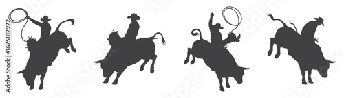 Silhouette vector illustration set of rodeo bull riding cowboys in dynamic action poses, western extreme sport bullrider competition graphics for rodeo events, decor, and design elements