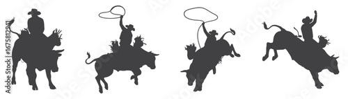 Silhouette collection of bull riding cowboys in motion, dynamic western rodeo competition vector graphics showing bucking bullriders, extreme sports action design elements for rodeo posters and appare