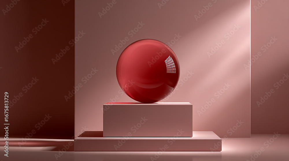 Obraz premium Minimalist pink background for product presentation with a red glass sphere on top of the podium, a modern design