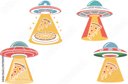 UFOs Abducting Pizza Retro Fun Illustration