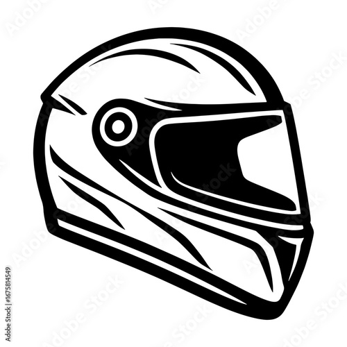 A black and white graphic of a motorcycle helmet