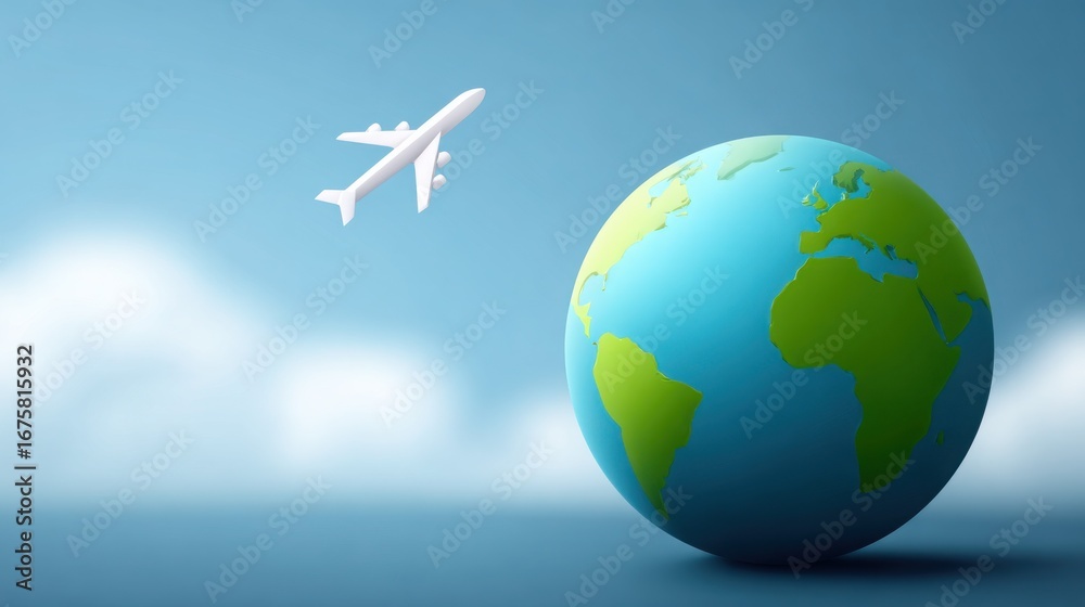 Fototapeta premium Globally Soaring: An airplane circles the globe. A dynamic, illustrative depiction of globetrotting and exploration.