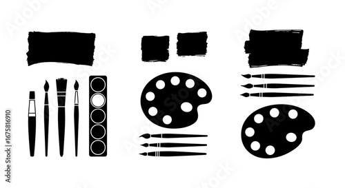 Silhouette artistic set, art paint brushes, pallet isolated on white background