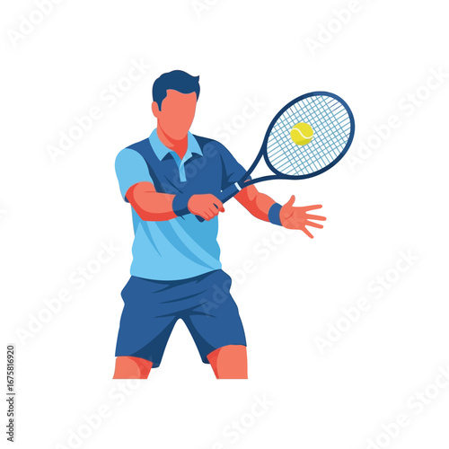A male tennis player prepares to serve, racket poised, focused expression.