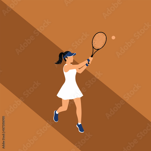 A female tennis player in a white dress powerfully serves a tennis ball.
