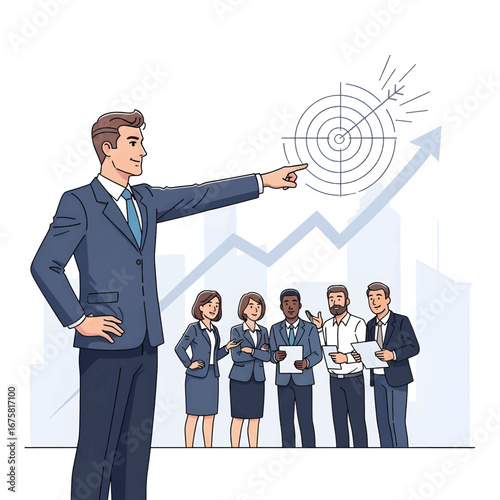 A business leader points towards a target with an upward trending arrow behind a diverse team of professionals.