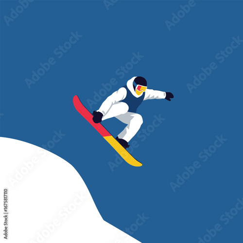 A snowboarder in a white suit performing a jump against a blue sky background.